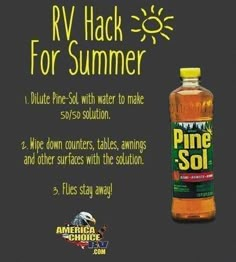 a bottle of pine soi next to an advertise for rv hacks