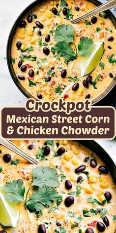 two bowls of mexican street corn and chicken chowder with cilantro garnishes