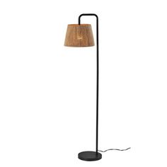 a black floor lamp with a brown shade on the base and a light bulb attached to it