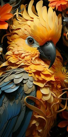 a close up of a colorful bird with flowers in the backgrounnds