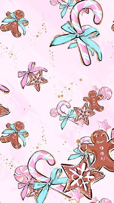 a pink and blue background with gingerbreads, stars, and candy canes