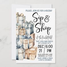 a white and blue holiday card with presents on it, which reads sip & shop