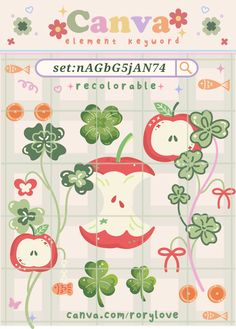 a poster with an apple and clovers on it's back side, in the middle