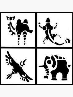 four black and white images of animals in different shapes, including an elephant with a hat on