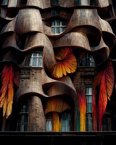 an unusual building with multiple wings on it