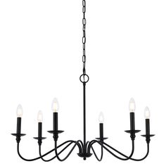 a black chandelier with five lights hanging from it's center and four arms