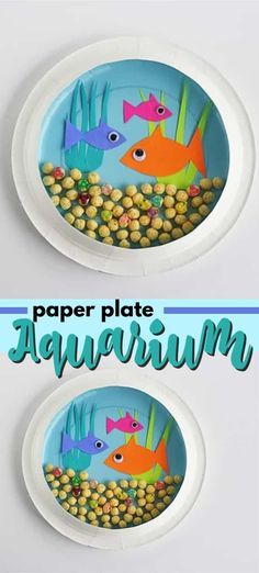 two paper plates with fish in them and the words paper plate aquarium written on it