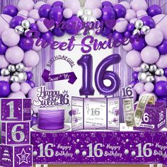 a purple and white birthday card with balloons, money, and gifts in front of it