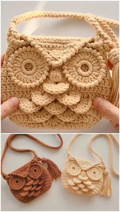 crocheted purses are being displayed in three different pictures, one with an owl design