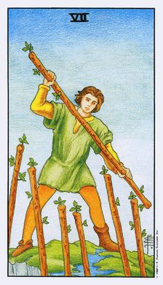 a tarot card with a man holding two wooden poles