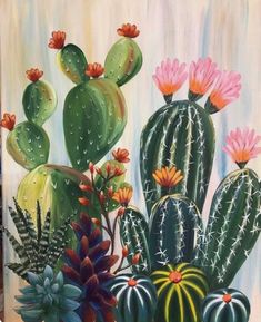 a painting of cactuses and flowers on a easel