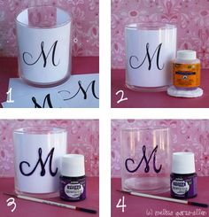 four pictures showing how to make monogrammed jars with acrylic paint and glue