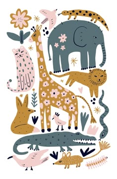 an illustration of various animals and plants on a white background, including giraffes