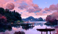 a painting of a lake surrounded by trees and clouds in the sky with pink hues