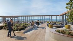 an artist's rendering of people walking and sitting on the roof of a building