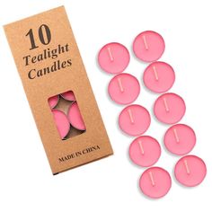 10 pink tealight candles in a cardboard box