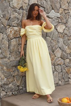 Bella Maxi Off-Shoulder Dress Yellow | Fortunate One Yellow Off Shoulder Dress, Bandeau Maxi Dress, Yellow Maxi Dress, Strapless Maxi Dress, Dress Yellow, Lace Maxi, Satin Skirt, Classic Dress, Lace Maxi Dress