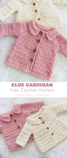 three crocheted sweaters with buttons on them and the text free crochet pattern