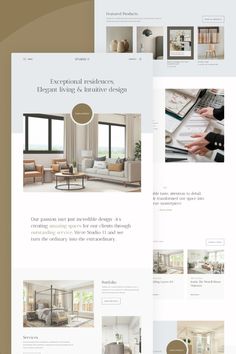 the interior design website is displayed in three different colors and sizes, including beiges