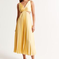 New With Tags, Never Worn! Perfect Condition In A Now Sold-Out Yellow Shade. Size Xs Petite. Flattering Maxi Dress In Our Elevated Satin Fabric, Featuring Trendy Side-Slit Cutouts, Plunging V-Neckline, All-Over Pleating Details And Adjustable Straps Along With A Center-Back Zipper Closure For The Perfect Fit! Flattering Maxi Dress, Abercrombie And Fitch Dresses, Cutout Maxi Dress, Shades Of Yellow, Yellow Dress, Satin Fabric, Abercrombie Fitch, Adjustable Straps, Perfect Fit