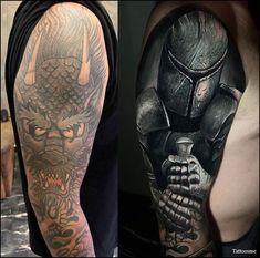 two men with tattoos on their arms, one has a dragon and the other has a demon