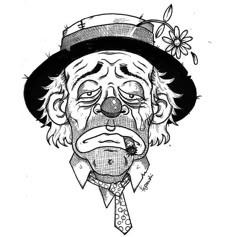 a drawing of an old man wearing a hat and tie with flowers on his head