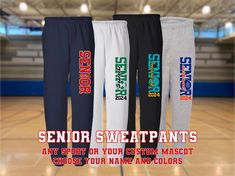 "These custom sweatpants are the perfect senior gift to celebrate your graduating athletes. Choose any sport or even your own mascot* in the design. Personalize each pant with their name, school, team or any text you like. Choose the sweatpant and text colors to match their team or school. Text colors come in standard or specialized colors including fluorescents, glitters and metallics. Perfect for warm-ups, practice or just lounging. Sweatpants feature an elastic waistband with internal drawstr Senior Sweatpants, Volleyball Sweatpants, Custom Sweatpants, Senior Night Gifts, Sports Sweatpants, Sweatpants With Pockets, Senior Gifts, Athletic Girls, Senior Night