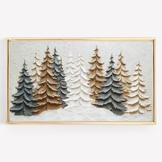 a painting with trees painted on it in gold and grey colors, hanging on a wall