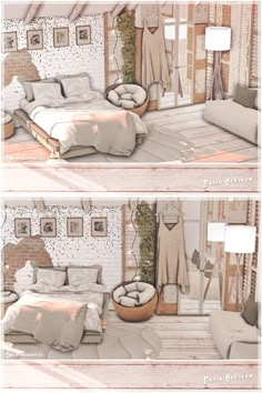 two pictures of a bedroom with white walls