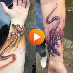 two tattoos on the arms of people with different colored inks, one showing an orange and purple dragon