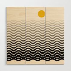 three wooden panels with black and white waves in front of a yellow sun on the horizon