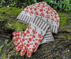 a pair of gloves sitting on top of a tree branch