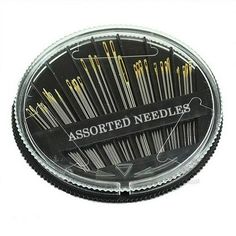 an assortment of needles in a plastic container on a white background with the words assorted needles