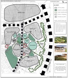 the site plan for an urban park with lots of trees and buildings, including two pavilions