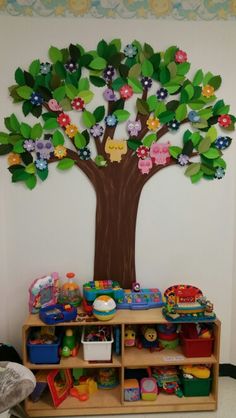 a child's play area with toys and tree