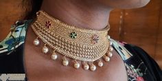 22K Gold Choker Necklace with Cz , Color Stones & Culture Pearls - 235-GN4570 in 54.500 Grams 22k Gold Bracelet