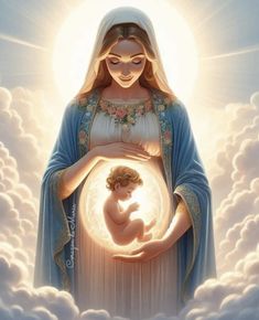 a painting of a woman holding a baby in her arms with the sun shining behind her