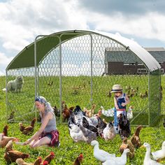 two children are playing with chickens in the grass near a chicken coop on a farm