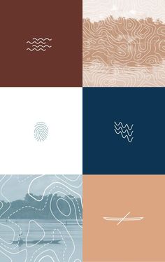 four different color palettes with waves and lines on them, each one has a boat in the water