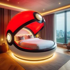 a bedroom with a large bed in the shape of a pokeball, and lights around it