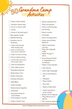 the 50 grandma camp activities list is shown with an orange frame and sun in the background