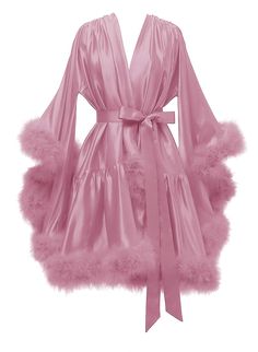 Mesh Robe With Fur, Silk Robe With Feathers, Fluffy Silk Robe, Silk Pjamamas, Dressing Gowns Robe, Silk Dressing Gown Aesthetic, Victoria Secret Dressing Gown, Fancy Robes With Fur, Pink Silk Robe Aesthetic