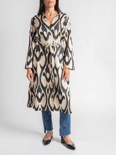 Fergana Silk Caftan Duster | Elysian by Emily Morrison. Chic Long Silk Kaftan, Elegant Long Kurta For Fall, Elegant V-neck Kaftan For Fall, Elegant Long Thobe For Fall, Elegant V-neck Fall Kaftan, Fall Tunic Kaftan, Elegant Long Fall Kaftan, Chic Long Sleeve Silk Kaftan, Elegant Silk Long Sleeve Tunic