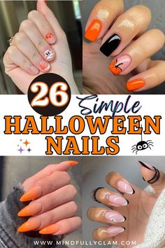 simple halloween nails Easy Diy Halloween Nails Simple, Pumpkin Ghost Nails, Dipped Halloween Nails, Easy Halloween Nail Ideas, Simple Halloween Nail Ideas, Pumpkin And Ghost Nails, Round Halloween Nails, Nude Halloween Nail Designs