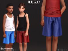 two young boys standing next to each other wearing shorts and t - shirts with the word hug on them