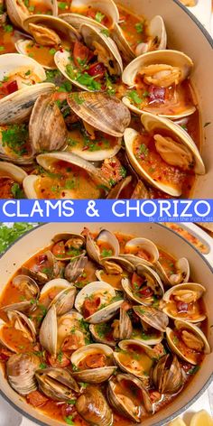 two pictures of clams and chorizos in a pan