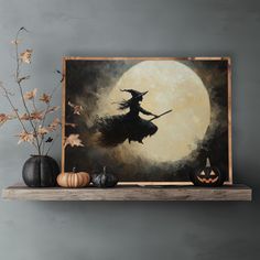 a painting of a witch flying on a broom in front of a full moon with pumpkins