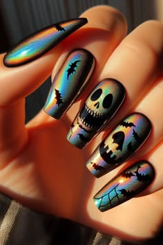 Decorating your nails for Halloween is a fun way to embrace the spooky season. This post contains 29 different Halloween nail designs you can create at home. Ideas, black, designs, art, cute, Disney, spooky, unique, simple, short, subtle, art, acrylic, almond, orange, easy Holographic Nails Halloween, Medium Almond Halloween Nails, Neon Nails Halloween, Witch Nails Acrylic Short, Halloween Coffin Shaped Nails, Metalcore Nails, Glow In Dark Nail Designs, Short Nail Ideas Halloween, Chrome Halloween Nails Designs