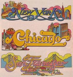 an advertisement for the new york and chicago ferry system, with colorful lettering on it