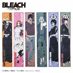 an advertisement for bleach featuring anime characters and their names on the back of each banner